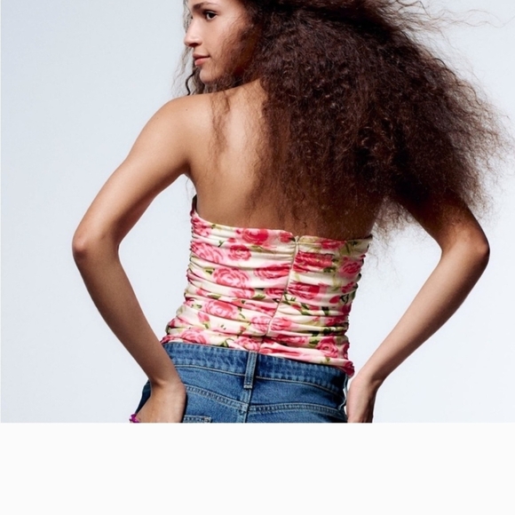 ZARA Bustier Rose Floral Strapless Bodysuit In Pink/green. Size XS - Picture 13 of 15